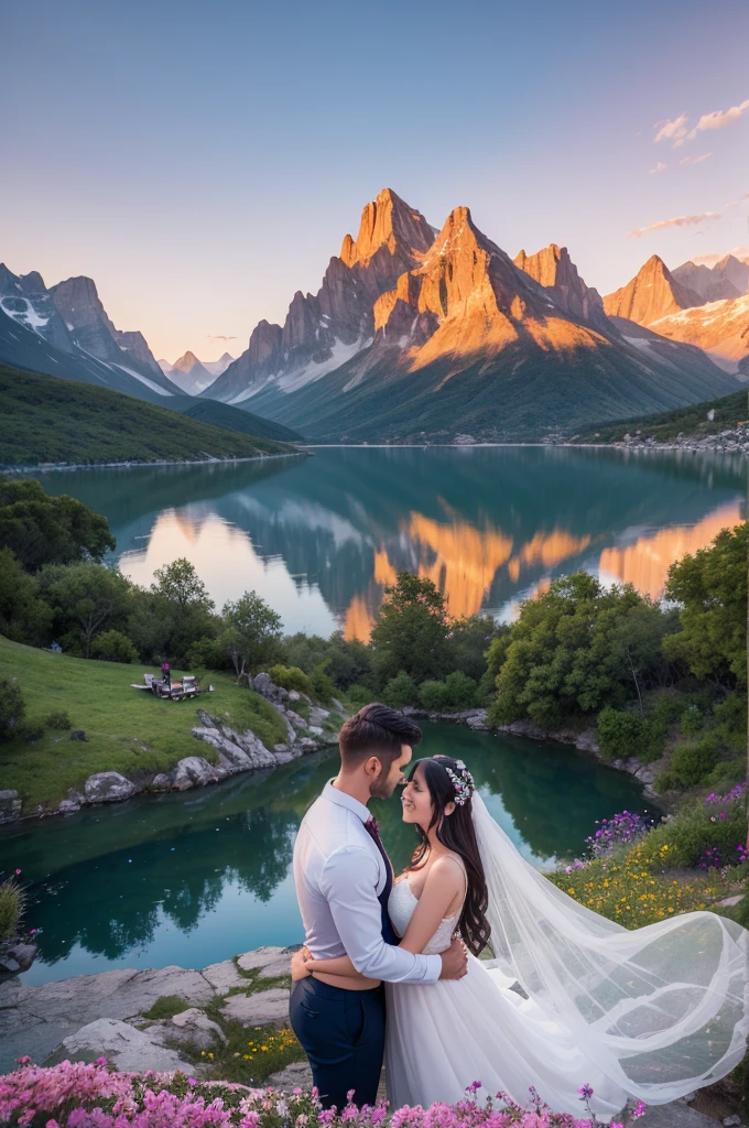 "A beautiful and loving couple is in a stunning landscape. They are in an enchanted world, filled with vibrant colors and exotic flowers. The setting is romantic and serene, with a spectacular sunset reflecting on a crystal-clear lake, surrounded by majestic mountains. The couple is embracing, exchanging passionate glances, while flower petals gently fall around them, creating a magical and unforgettable moment."
