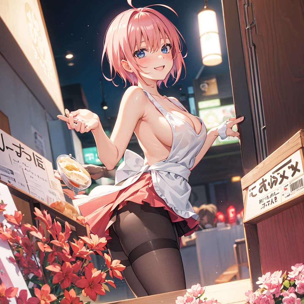 1girl, solo, nakano ichika, pink short hair, (naked:1.3), (white apron), large breasts, cleavage, thighs, cafe background, (blushing:1.2), smiling