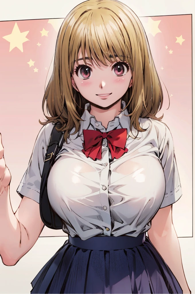 blonde hair, large breasts,
, collared shirt, white shirt, pleated skirt, red bow,, (best quality:1.3),1girl,(((gyaru))),grin,looking viewer