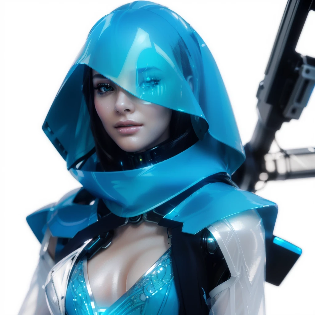 a highly detailed portrait of a beautiful robot girl, detailed cybernetic eye implants, intricate metal and chrome machinery, smooth translucent skin, elegant flowing dress, futuristic sci-fi landscape, glowing neon lighting, dramatic shadows, cinematic composition, photorealistic, 8k, masterpiece