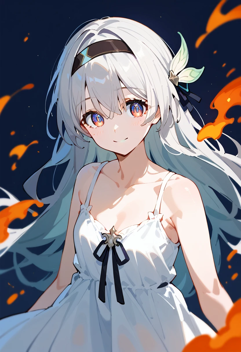 (One girl, alone, alone focus),
fire Fly, Sundress , head band, hair ornaments, Silver Hair, Night view,smile,