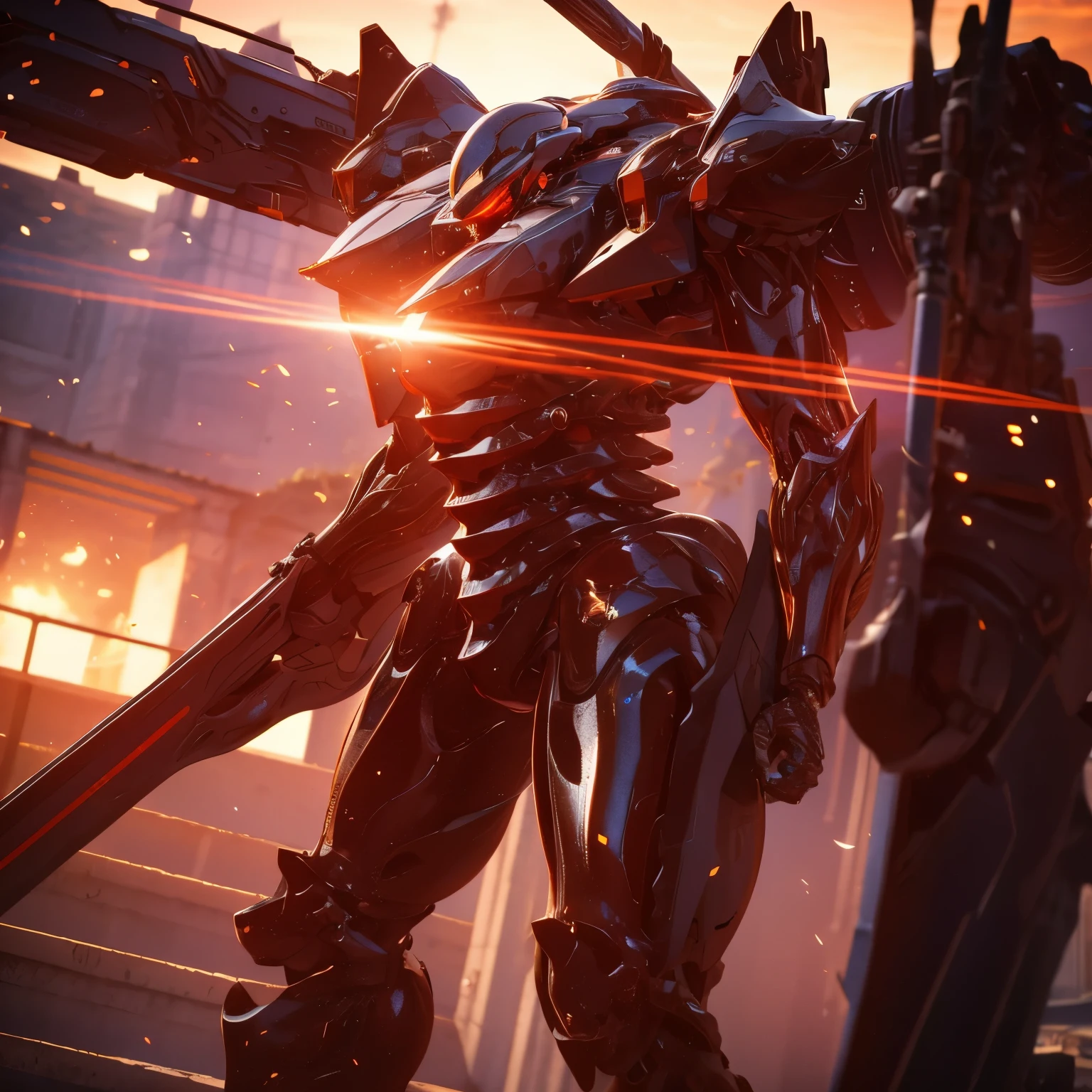 Ebony black mech with silver details.. With structure made of animal bones., shiny red eyes, fit tribal appearance and average body. He carried with him a spear made of red dragon bones.... non-human, extremely detailed, 4k HD, HDR, natural light, cinematic lighting, masterpiece-perfect-anatomy, ultra high definition, space combat, battlefield, photo and gross, chrome metallic, ultrafine paint, perfect body proportions, anatomically correct, real texture material, Antialiasing, THAI, SSAO, Post processing, Post-production, Tone mapping, cgi, visual effects, Sound effects, Hyper maximalist, ultra photorealistic and ultra detailed intricate details.