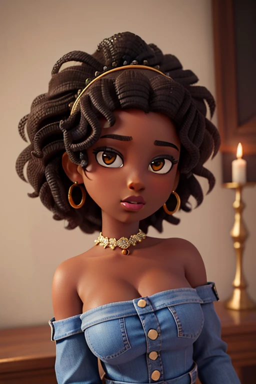1girl african dark brown skin, realistic shadows, detailed skin, sparkling eyes, curly black hair, very detailed, highly detailed 8k face, perfect face shape, perfect full lips, perfect nose, correct beautiful eyes, observant, wedding dress:4 , hair flowers, masterpiece , best quality, single, jeans, alone, gigantic breasts