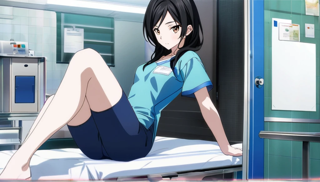 (Anime Infinite Stratus Art, 8k, ultra full high definition, epic quality, epic texture). The theme is hospital hygiene. The setting is a hospital room, very detailed. There is a woman, Brazilian, her name is Regina, she is 51 years old, very short estature(150cm), she has very long black hair, she has a beautiful face, some expression lines due to her age, light brown eyes, white skin, very thin, narrow chest, small breasts, very thin waist, narrow hips, small and round butt, slender legs, she works with hygiene, wears a very tight navy blue jumpsuit with short sleeves, she is wearing black hygiene boots, she is sensual and cheerful, she leaves men enchanted. the atmosphere is calm and sensual.