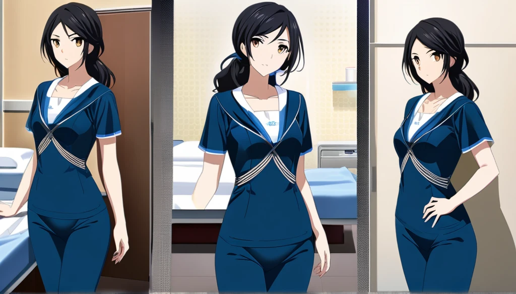 (Anime Infinite Stratus Art, 8k, ultra full high definition, epic quality, epic texture). The theme is hospital hygiene. The setting is a hospital room, very detailed. There is a woman, Brazilian, her name is Regina, she is 51 years old, very short estature(150cm), she has very long black hair, she has a beautiful face, some expression lines due to her age, light brown eyes, white skin, very thin, narrow chest, small breasts, very thin waist, narrow hips, small and round butt, slender legs, she works with hygiene, wears a very tight navy blue jumpsuit with short sleeves, she is wearing black hygiene boots, she is sensual and cheerful, she leaves men enchanted. the atmosphere is calm and sensual.