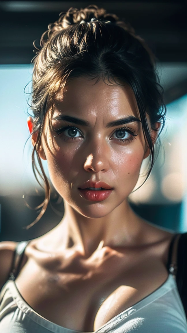 (((ultra realistic))) Photo, boss'artwork, Superior quality, (pale skin), (Visage et yeux ultra detaileds:1.2), sparkling eyes, 1 girl, red bra , dark atmosphere, dark background, (eye makeup, mask) , ((dark wavy hair)) , ((Elegant hairstyle)) , (natural tits), (a slight smile), ((posing)), Sesión de Photos, studio (Contour lighting), (The play of lights and'shadows), depth of field, bokeh, (Special attention to leather details.: 1.2), detailed leather texture, skin pores, ((Dark and ambient gloomy frame.. color palette - black, gray, Cinderella Man, red tones)), ((film grain, VHS effect)), ((good heavens)) , ((high waist portrait, close to the camera)) , ultra detailed,