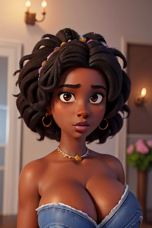 1girl african dark brown skin, realistic shadows, detailed skin, sparkling eyes, curly black hair, very detailed, highly detailed 8k face, perfect face shape, perfect full lips, perfect nose, correct beautiful eyes, observant, wedding dress:4 , hair flowers, masterpiece , best quality, single, jeans, alone, (gigantic breasts:1.4)