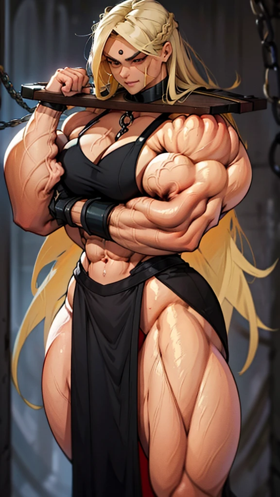 An opai woman,Barba,hair blonde, long hair，Muscle，anger, g-string, in a cage, slave, chained, good looking, Facial spots, Tighten your face, Eyes red, two hands, forehead tattoo, many chains, chained on neck, musclegirl , mulher extremamente musclegirl, Huge body, extremely muscular arms, huge woman, muito musclegirl,