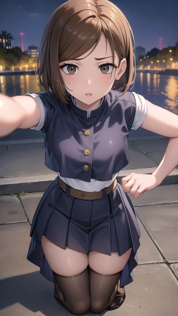 nobarakugisaki, nobara kugisaki, bob cut, (brown eyes:1.7), brown hair, lips, short hair, BREAK belt, brown belt,stockings,white crop top, crop top overhang,wet crop top, pleated skirt, medium skirt,shirt tucked in, skirt, blue skirt,skinny fit, BREAK looking at viewer,BREAK (masterpiece:1.2), best quality, high resolution, unity 8k wallpaper, (illustration:0.8), (beautiful detailed eyes:1.6), extremely detailed face, perfect lighting, extremely detailed CG, (perfect hands, perfect anatomy),street,night,city,park, wet road,nipples,showing panties,small ass,thin legs,full body,bend over, from above, medium breasts,