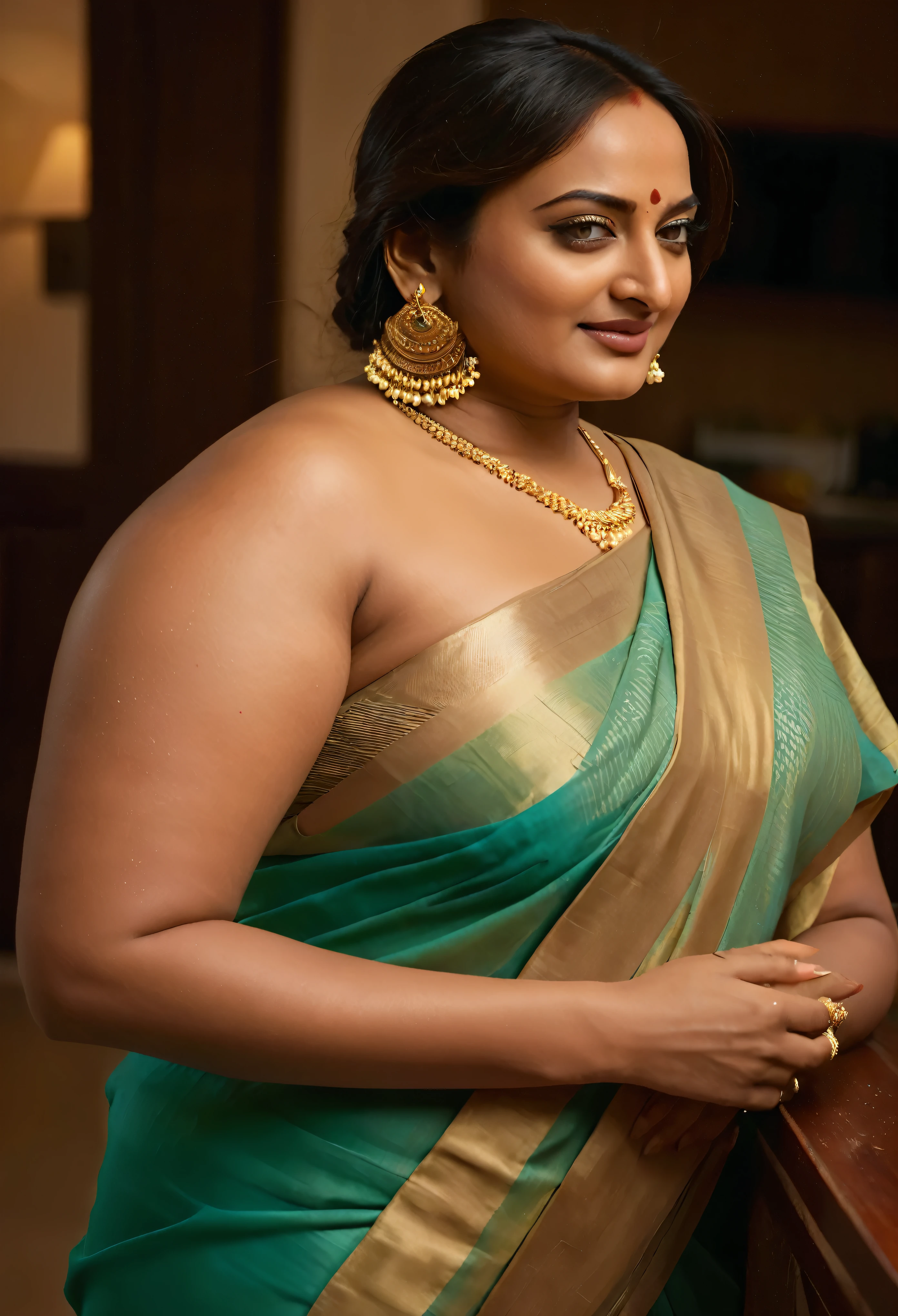 Foto RAW, photorealistic, photography, full body shot, 50 years old Woman, master shot, perfect eyes, goddess like beauty, pierced eyes, perfect thick chubby mallu Desi aunty bhabhi, Wearing a Stanapatta, a chest-band.Saree model, model Photography, Indian saree shoot, Indian traditional wear advertising photography, traditional wear brand shoot, face of Indian actress Sonakshi Sinha, masterpiece, realistic, realism, incredible details,  pleasure, photorealism, detailed skin, skin pores, high contrast, photorealistic Artstation 8k HD digital art trend of high definition and detailed realistic skin texture, ultra detail, realistic skin texture, armature, best quality, ultra high definition, (photorealistic:1.4),, high resolution, detail, raw photo, sweat, Re sharp, by Lee Jefferies Nikon D850 Film Stock Photo 4 Kodak Portra 400 Camera F1.6 Lens Rich Color Ultra Real Realistic Realistic Textures Dramatic Lighting Unreal Engine Trending at Art Station Cinestill 800,(pele altamente detalhada: 1.2), 8k UHD, DSLR, soft-lighting, alta qualidade, grain of film, Fujifilm XT3,she didn't like to wear blouse or bra, she is happy to wear only saree, she hates blouse or bra, detailed hairy armpits, hyper realistic skin, skin pores, sweat, veins, short hairs on armpit, stubble armpits, hyper realistic hairy armpits, 