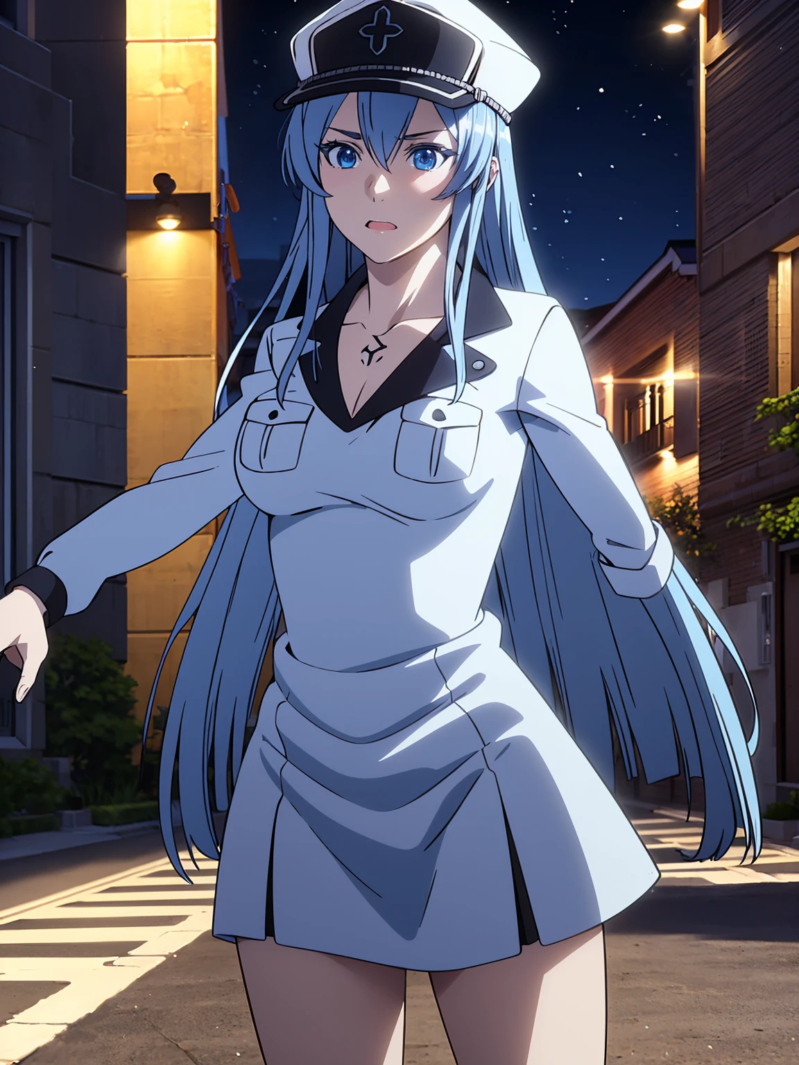 a girl with long blue hair, blue eyes, blue eyelashes, big breasts, white sweatshirt with a hat, walking, upset, on a street in Russia, snowing heavily, at night, (best quality,4k,8k,highres,masterpiece:1.2),ultra-detailed,(realistic,photorealistic,photo-realistic:1.37),HDR,UHD,studio lighting,extreme detail description,vivid colors,portrait,dramatic lighting,cold color tone