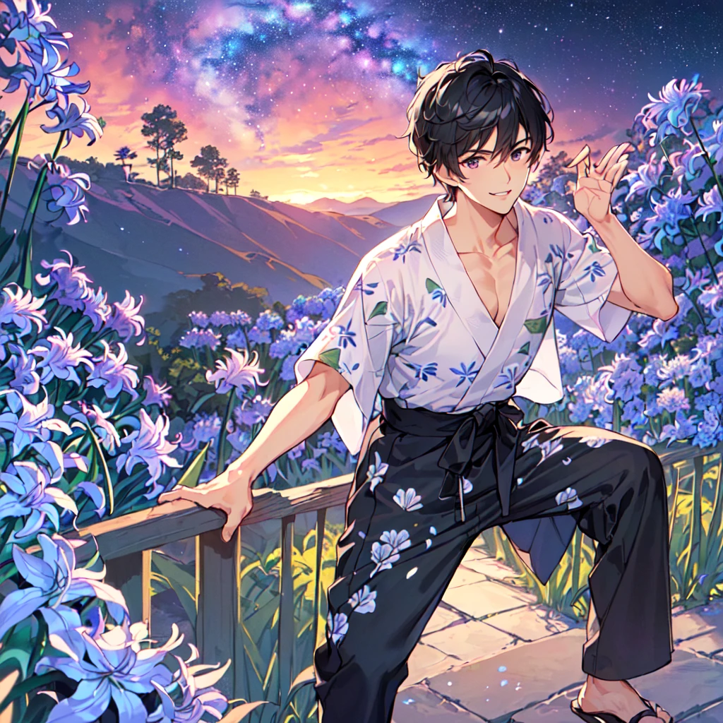 masterpiece,best quality,high quality,(1 male austere handsome solo adult age 30 years old:1.5), purple eyes, cool with suspended eyes, V-shaped eyebrows, body strong and fearless 8.5 head tall, height 185cm, (well-groomed black hair short to neck:1.4), (bangs 1.4), (short black hair parted into 7 thirds: 1.4), slender nose, facial muscles, throat, (summer yukata with short sleeves and pants with agapanthus flower print: 1.3), (stylish pose), (cool smile: 1.3), (background agapanthus flower field: 1.3), (Milky Way Night Sky: 1.3)