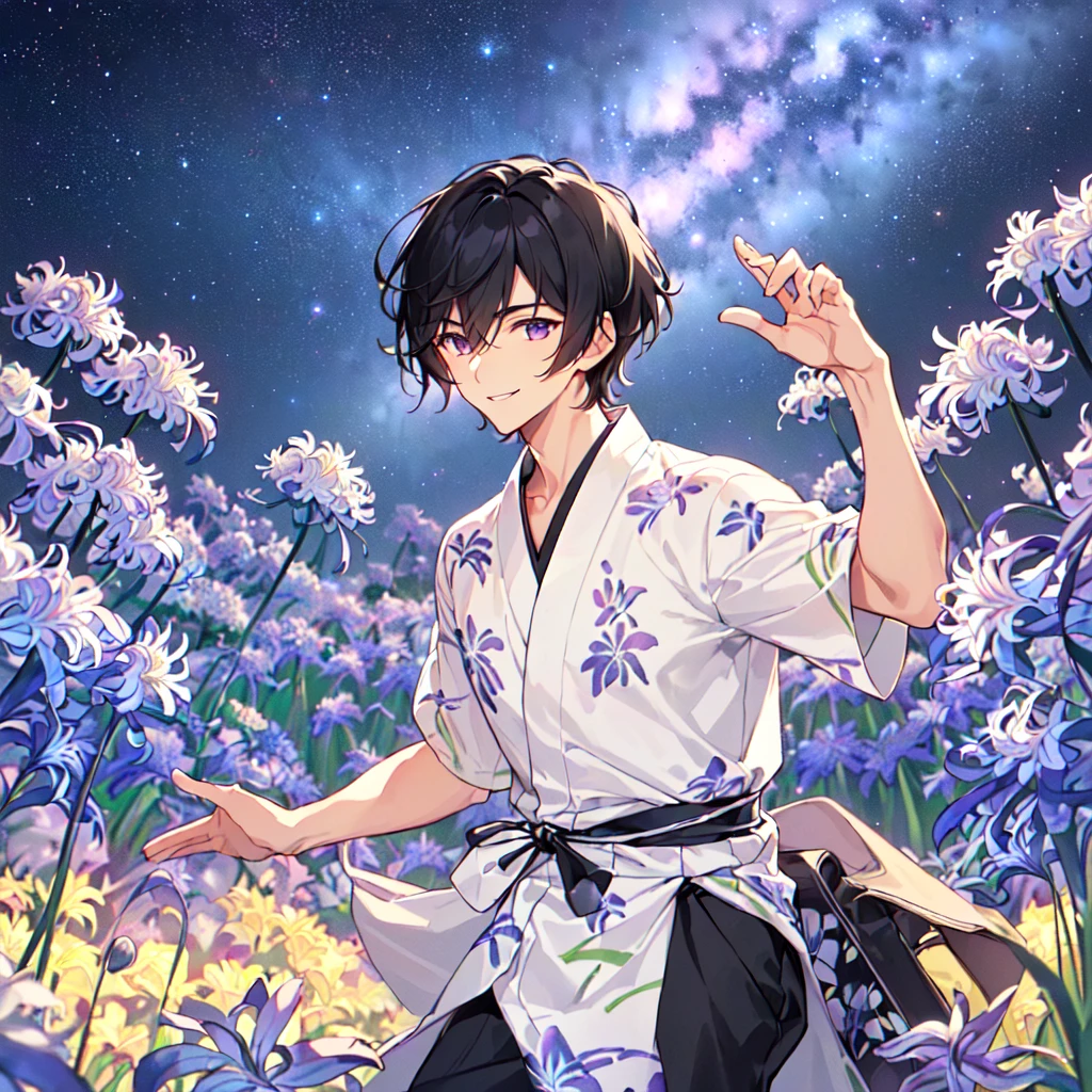 masterpiece,best quality,high quality,(1 male austere handsome solo adult age 30 years old:1.5), purple eyes, cool with suspended eyes, V-shaped eyebrows, body strong and fearless 8.5 head tall, height 185cm, (well-groomed black hair short to neck:1.4), (bangs 1.4), (short black hair parted into 7 thirds: 1.4), slender nose, facial muscles, throat, (summer yukata with short sleeves and pants with agapanthus flower print: 1.3), (stylish pose), (cool smile: 1.3), (background agapanthus flower field: 1.3), (Milky Way Night Sky: 1.3)