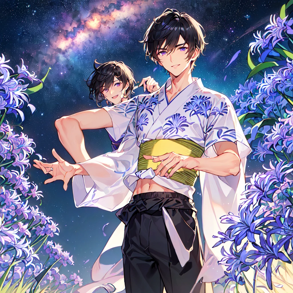 masterpiece,best quality,high quality,(1 male austere handsome solo adult age 30 years old:1.5), purple eyes, cool with suspended eyes, V-shaped eyebrows, body strong and fearless 8.5 head tall, height 185cm, (well-groomed black hair short to neck:1.4), (bangs 1.4), (short black hair parted into 7 thirds: 1.4), slender nose, facial muscles, throat, (summer yukata with short sleeves and pants with agapanthus flower print: 1.3), (stylish pose), (cool smile: 1.3), (background agapanthus flower field: 1.3), (Milky Way Night Sky: 1.3)