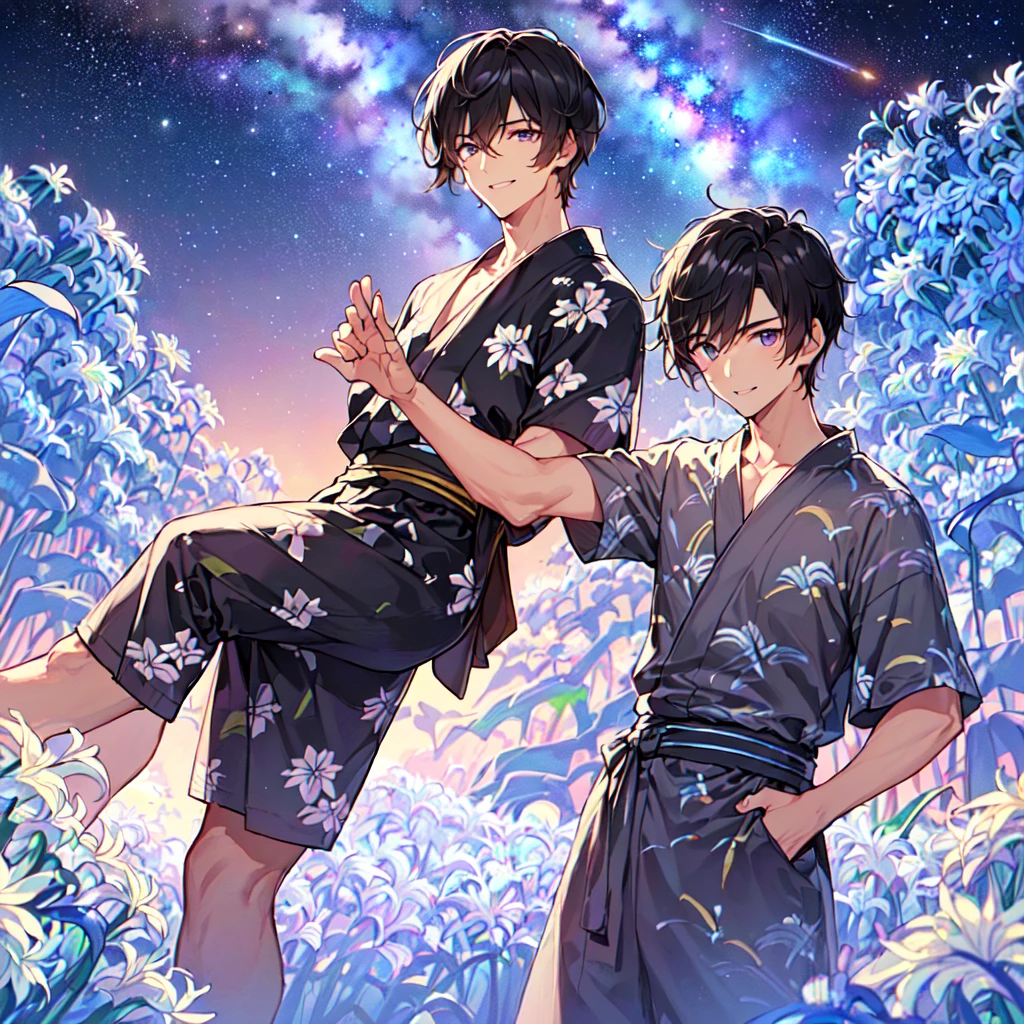 masterpiece,best quality,high quality,(1 male austere handsome solo adult age 30 years old:1.5), purple eyes, cool with suspended eyes, V-shaped eyebrows, body strong and fearless 8.5 head tall, height 185cm, (well-groomed black hair short to neck:1.4), (bangs 1.4), (short black hair parted into 7 thirds: 1.4), slender nose, facial muscles, throat, (summer yukata with short sleeves and pants with agapanthus flower print: 1.3), (stylish pose), (cool smile: 1.3), (background agapanthus flower field: 1.3), (Milky Way Night Sky: 1.3)