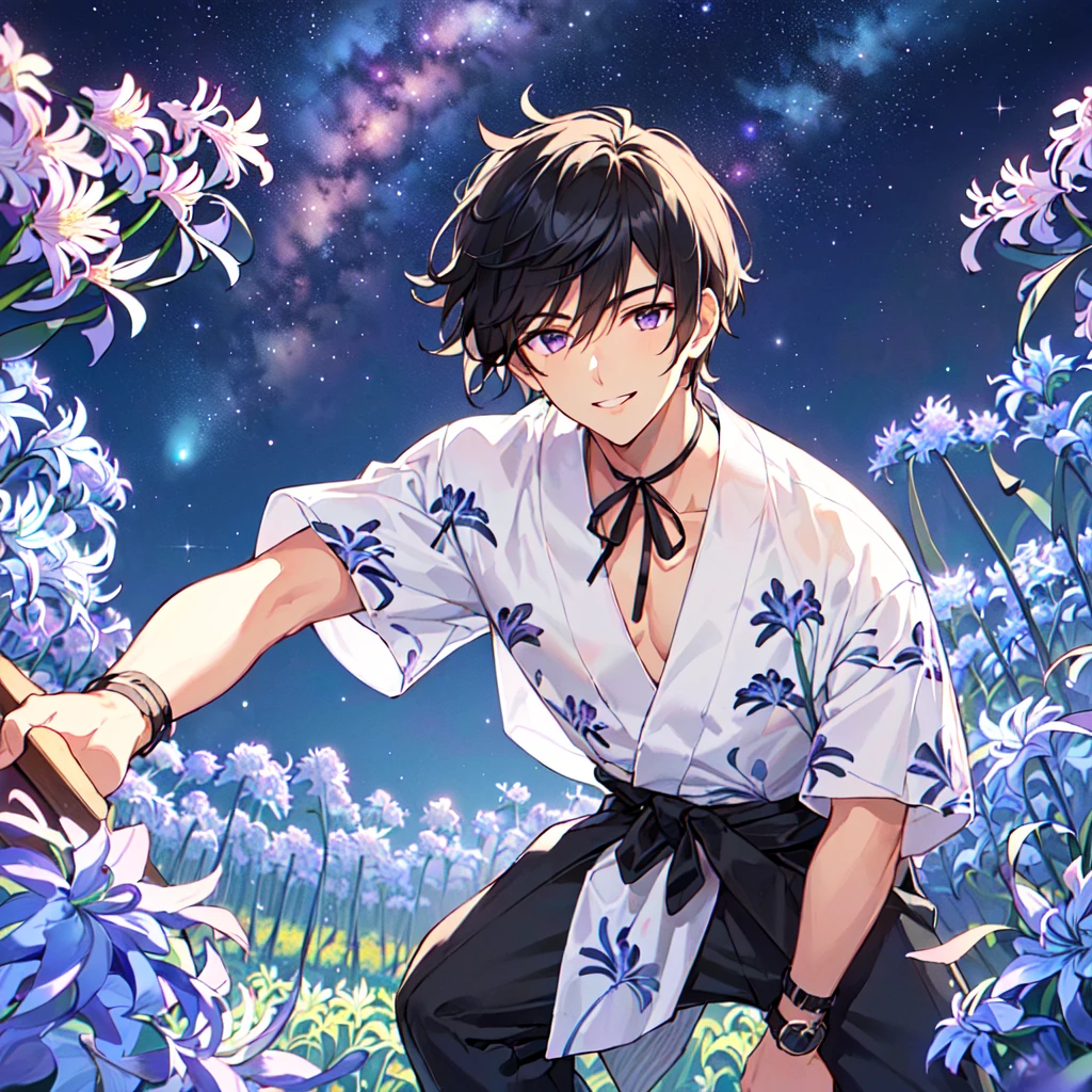 masterpiece,best quality,high quality,(1 male austere handsome solo adult age 30 years old:1.5), purple eyes, cool with suspended eyes, V-shaped eyebrows, body strong and fearless 8.5 head tall, height 185cm, (well-groomed black hair short to neck:1.4), (bangs 1.4), (short black hair parted into 7 thirds: 1.4), slender nose, facial muscles, throat, (summer yukata with short sleeves and pants with agapanthus flower print: 1.3), (stylish pose), (cool smile: 1.3), (background agapanthus flower field: 1.3), (Milky Way Night Sky: 1.3)