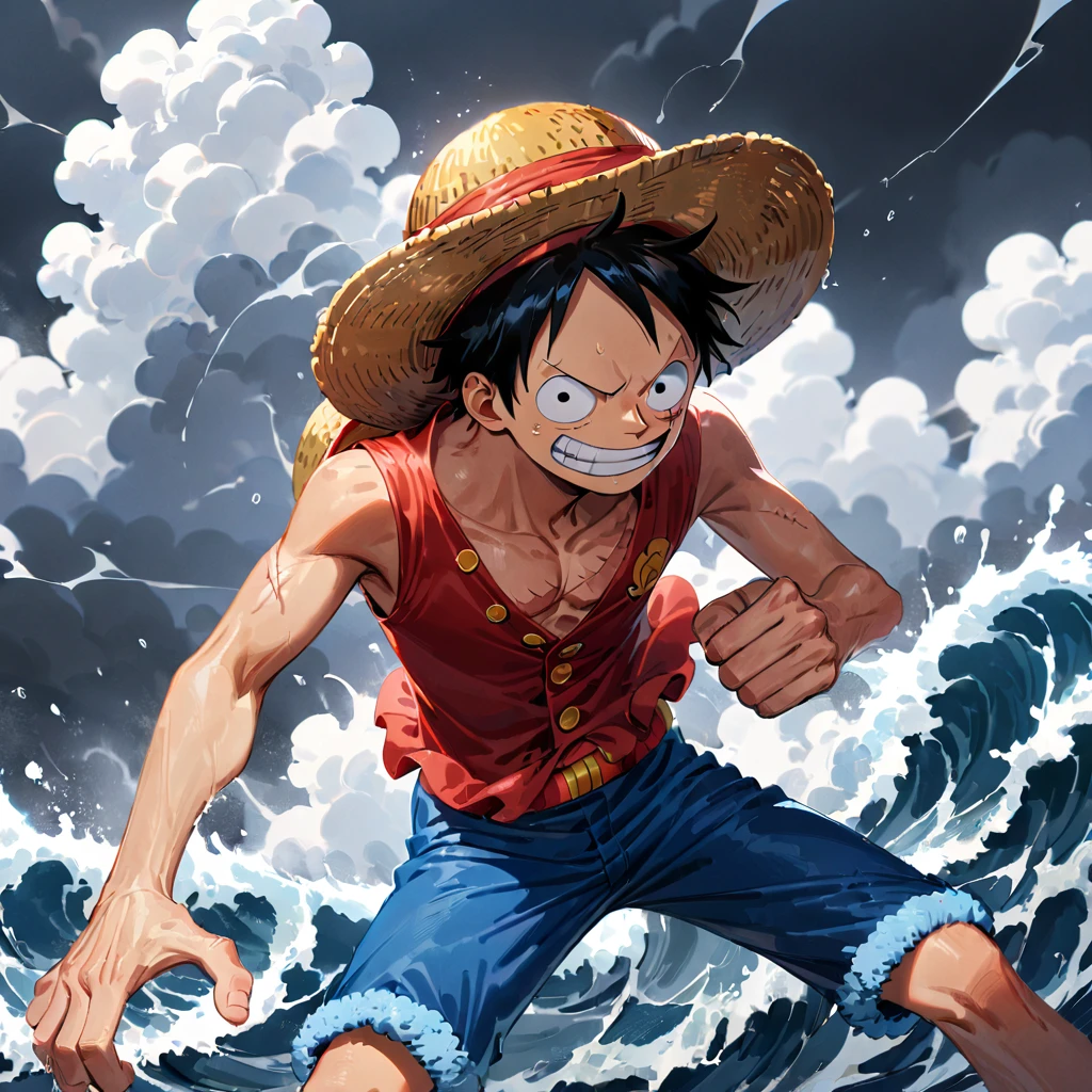 1boy, Monkey D. Luffy, One Piece, center, neutral face, wearing a straw hat, red vest, and blue pants, with a scar on his face, in a stormy sea, masterpiece, best quality, very aesthetic, absurdres, ((medium quality)), ((medium quality))