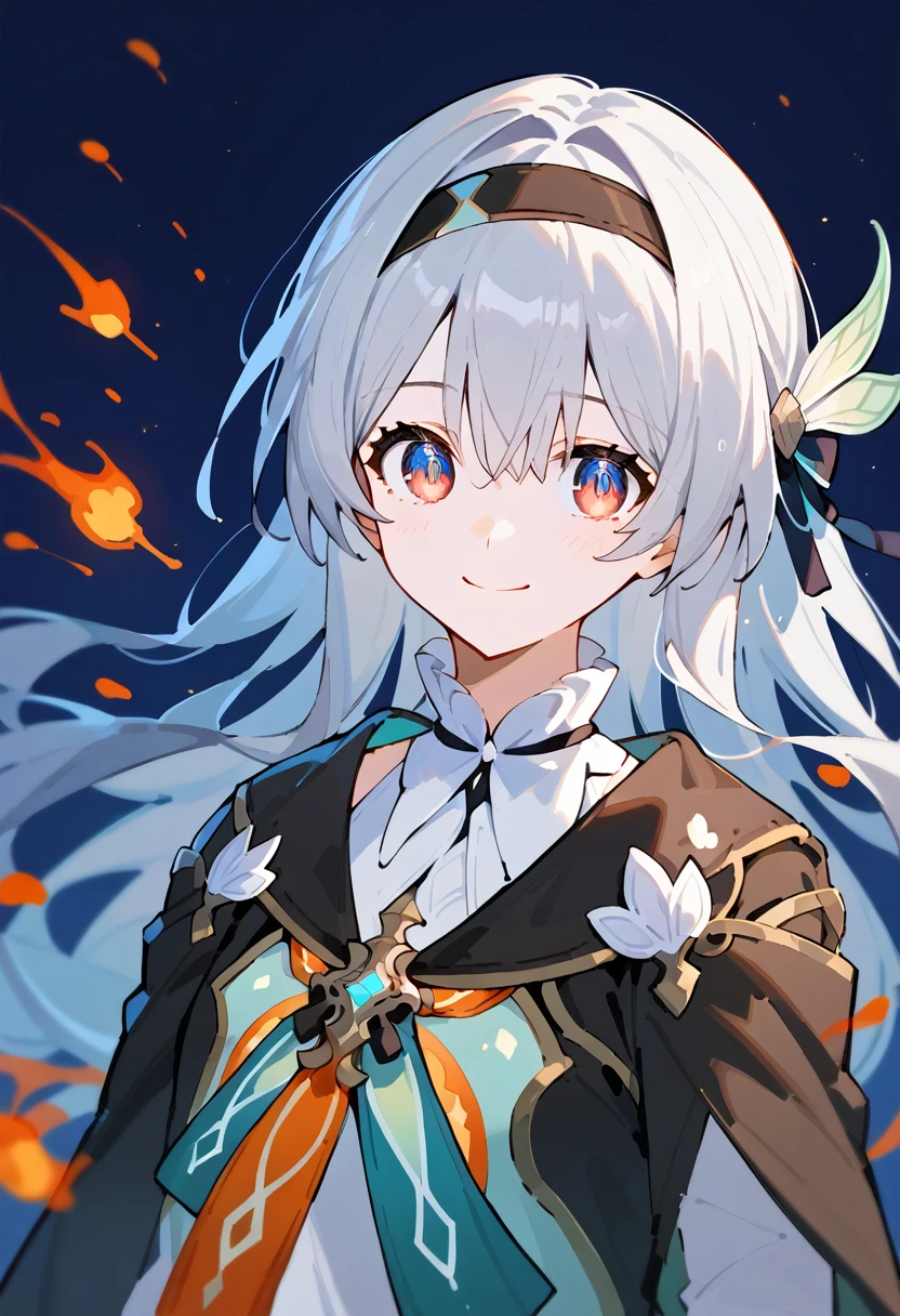 (One girl, alone, alone focus),
fire Fly,head band, hair ornaments, Silver Hair, Night view,smile,
