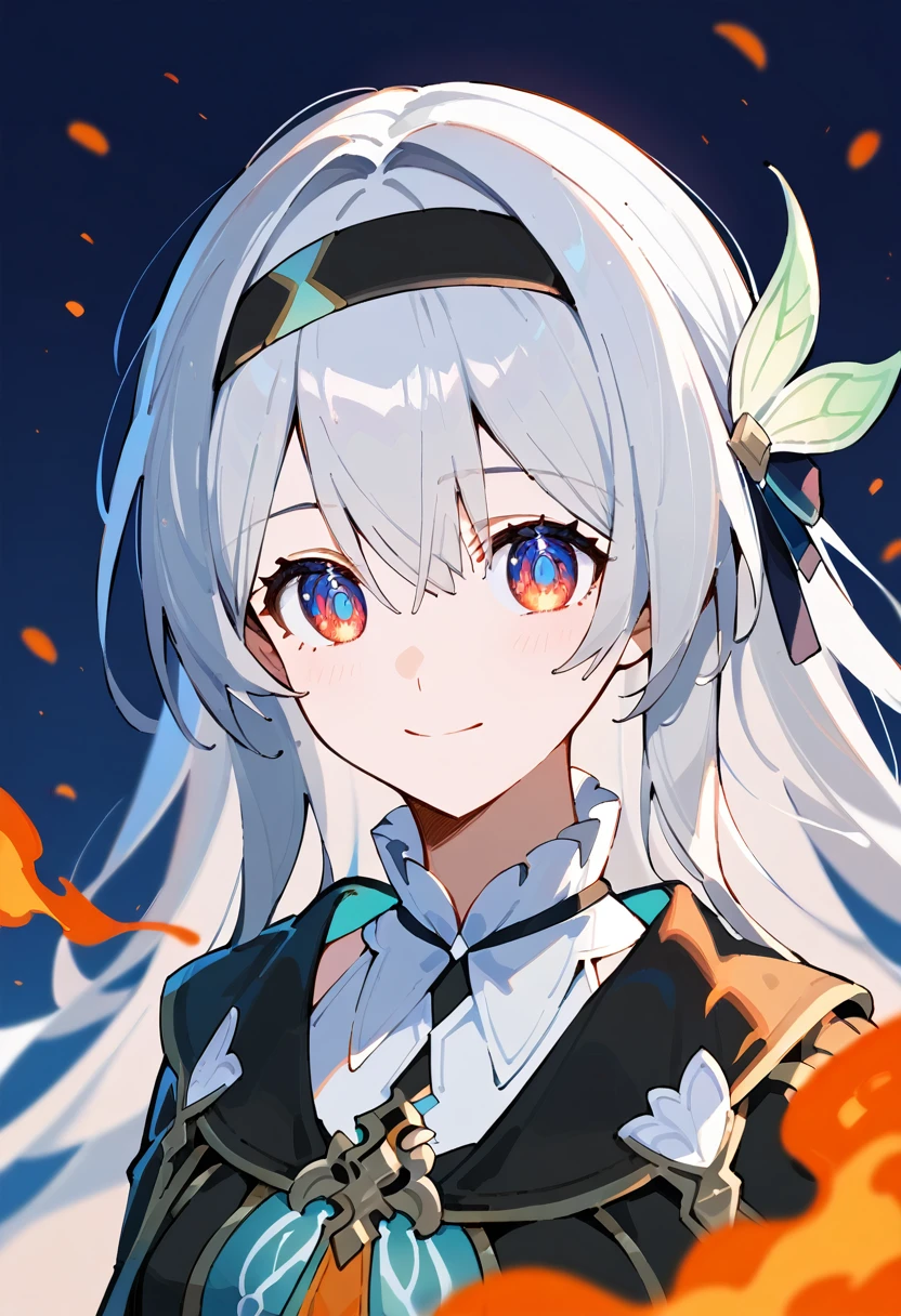 (One girl, alone, alone focus),
fire Fly,head band, hair ornaments, Silver Hair, Night view,smile,