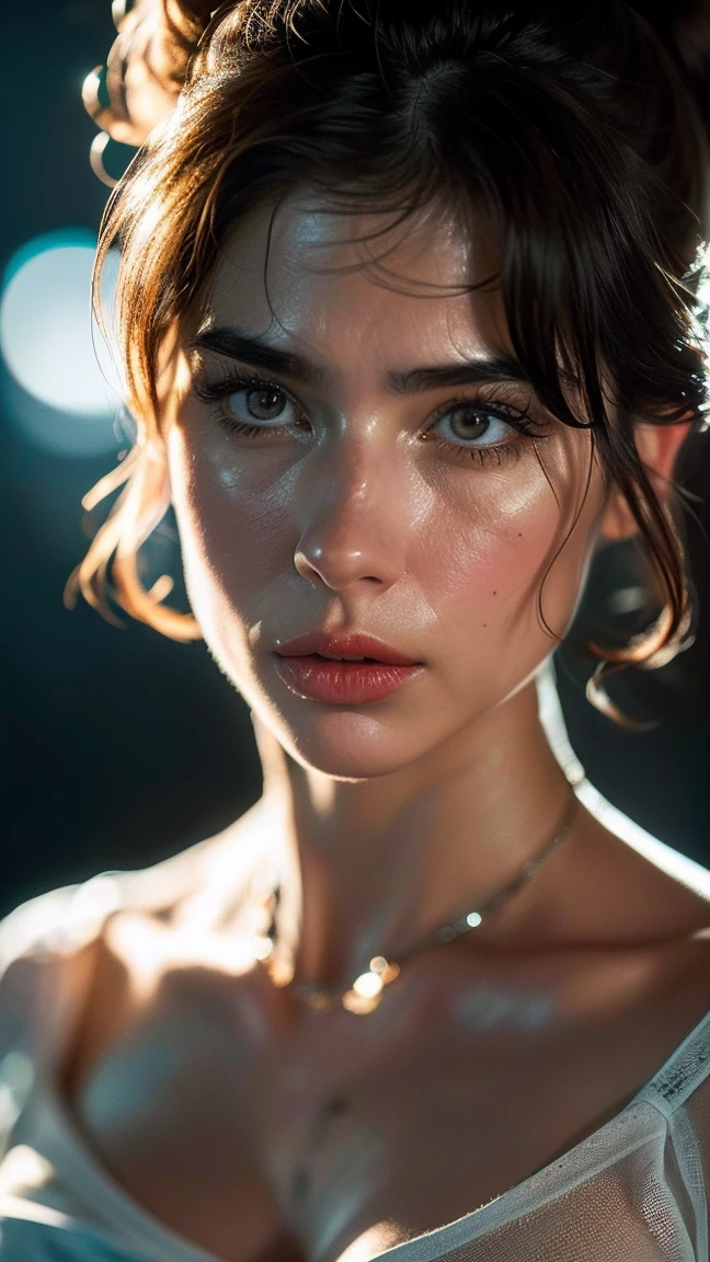 (((ultra realistic))) Photo, boss'artwork, Superior quality, (pale skin), (Visage et yeux ultra detaileds:1.2), sparkling eyes, 1 girl, red bra , dark atmosphere, dark background, (eye makeup, mask) , ((dark wavy hair)) , ((Elegant hairstyle)) , (natural tits), (a slight smile), ((posing)), Sesión de Photos, studio (Contour lighting), (The play of lights and'shadows), depth of field, bokeh, (Special attention to leather details.: 1.2), detailed leather texture, skin pores, ((Dark and ambient gloomy frame.. color palette - black, gray, Cinderella Man, red tones)), ((film grain, VHS effect)), ((good heavens)) , ((high waist portrait, close to the camera)) , ultra detailed,