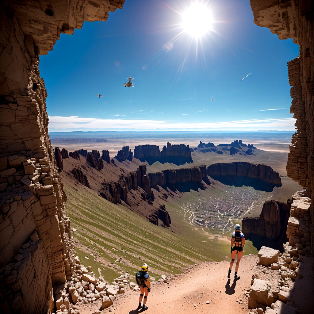 At the top of the mountain and on the edge of the cliff, a muscular blonde woman, with huge ass, big breasts showing areolas, wearing white spacesuit, Looking and smiling at the camera, Beautiful feet, showing full body. Under the cliff, Four spaceships slowly emerge from the ruins of a desolate city built in the desert, Going to the stars, cinematic lighting, Glow Up, anáglifo, optical illusion, From  above, atmospheric perspective, ultra HD