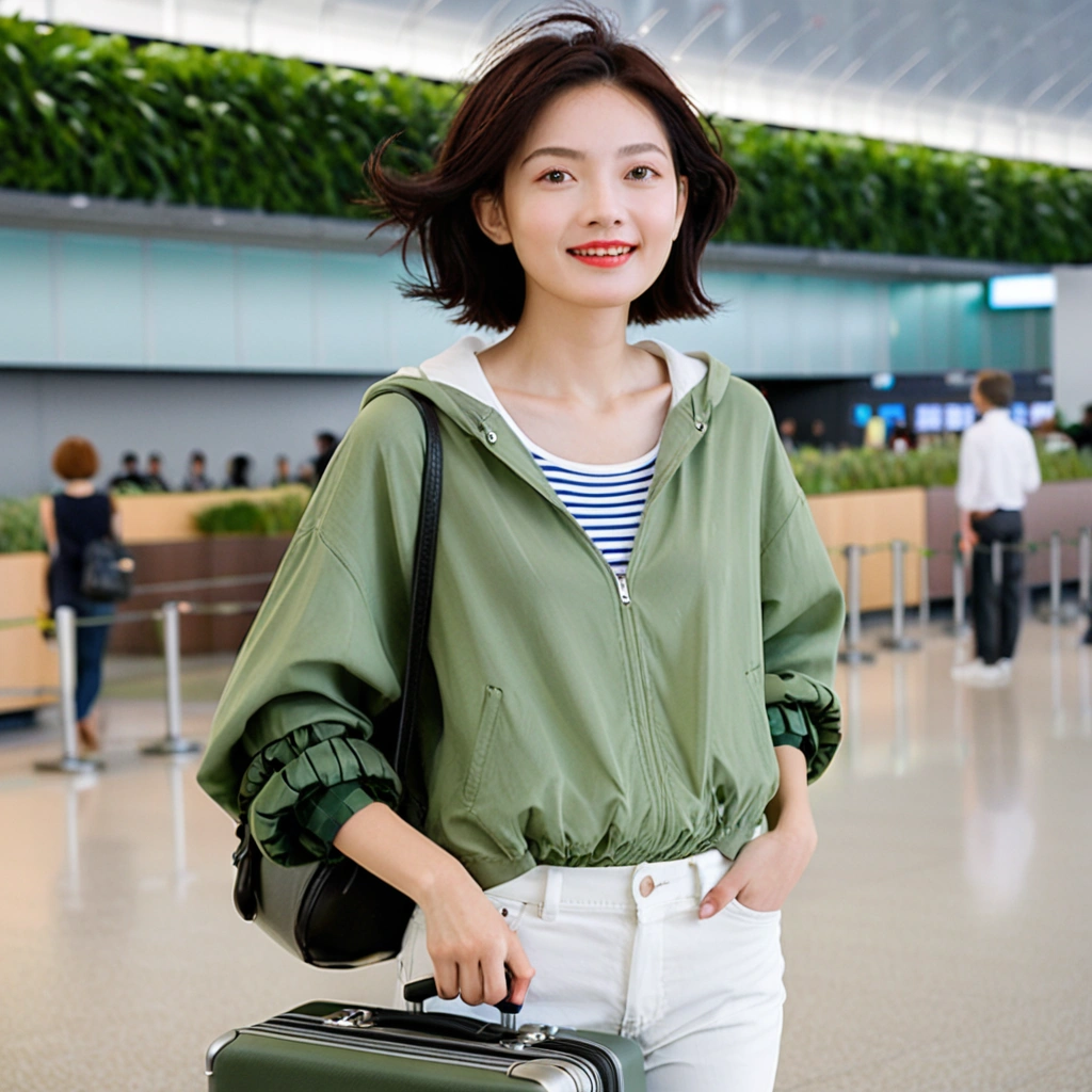 beautiful korean girl , 32 inch chest size, Your eyes are big and pretty. Short in stature. Standing in the departure hall of the airport. . short medium hair, Standing in line at the departure hall of Frankfurt Airport, Germany. He wore a white shirt, a green jumper, and white casual pants.s.Dragging a suitcase. short medium hair, short height, Full body shot with Canon camera 16-35 wide angle lens, short medium hair.. uhd