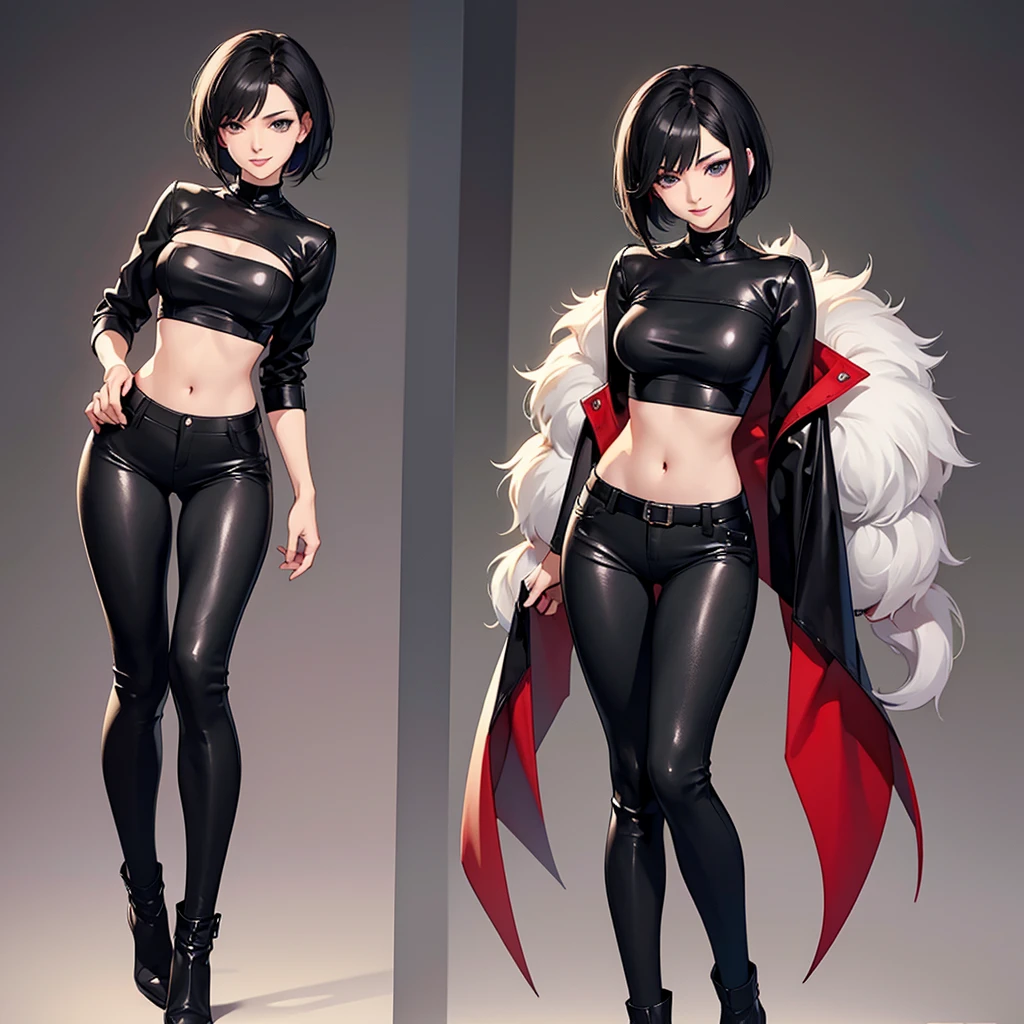 Anime style image of a beautiful woman with short black hair, 1 girl, straight and short. beautiful eyes, fair skin, delicate appearance, smiling, reddened lips, small breasts, big ass, thin waist and wearing a gray cropped and a black leather pants. Full body