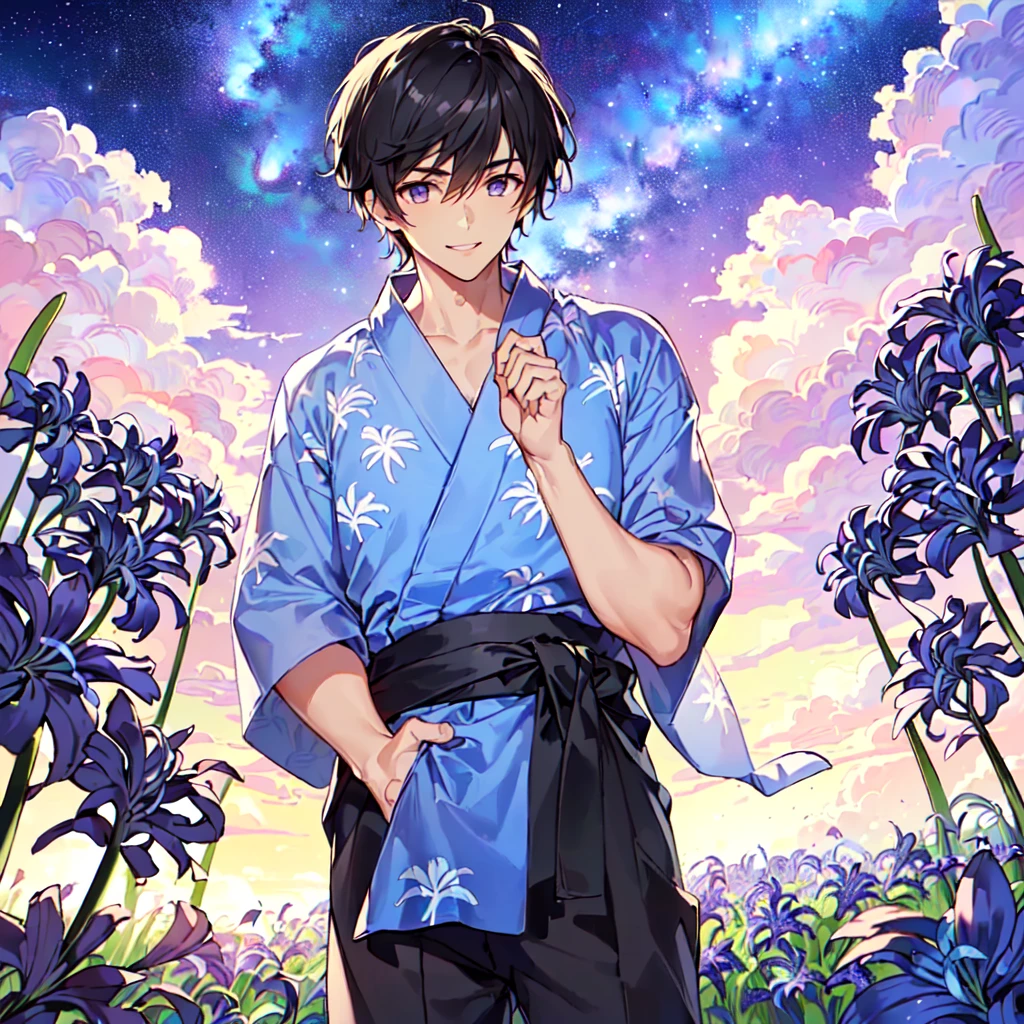 masterpiece,best quality,high quality,(1 male austere handsome solo adult age 30 years old:1.5), purple eyes, cool with suspended eyes, V-shaped eyebrows, body strong and fearless 8.5 head tall, height 185cm, (well-groomed black hair short to neck:1.4), (bangs 1.4), (short black hair parted into 7 thirds: 1.4), slender nose, facial muscles, throat, (summer yukata with short sleeves and pants with agapanthus flower print: 1.3), (stylish pose), (cool smile: 1.3), (background agapanthus flower field: 1.3), (Milky Way Night Sky: 1.3)