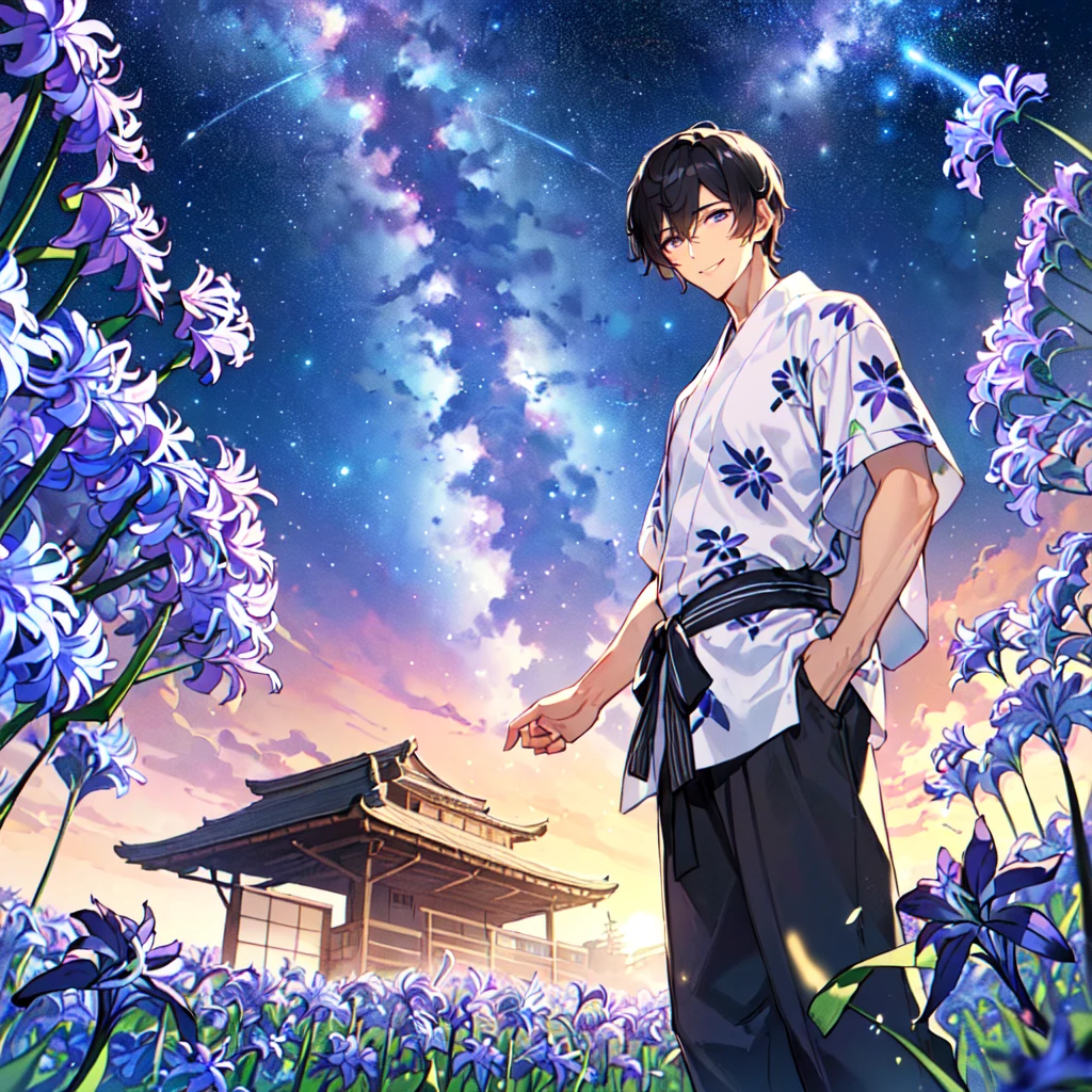 masterpiece,best quality,high quality,(1 male austere handsome solo adult age 30 years old:1.5), purple eyes, cool with suspended eyes, V-shaped eyebrows, body strong and fearless 8.5 head tall, height 185cm, (well-groomed black hair short to neck:1.4), (bangs 1.4), (short black hair parted into 7 thirds: 1.4), slender nose, facial muscles, throat, (summer yukata with short sleeves and pants with agapanthus flower print: 1.3), (stylish pose), (cool smile: 1.3), (background agapanthus flower field: 1.3), (Milky Way Night Sky: 1.3)