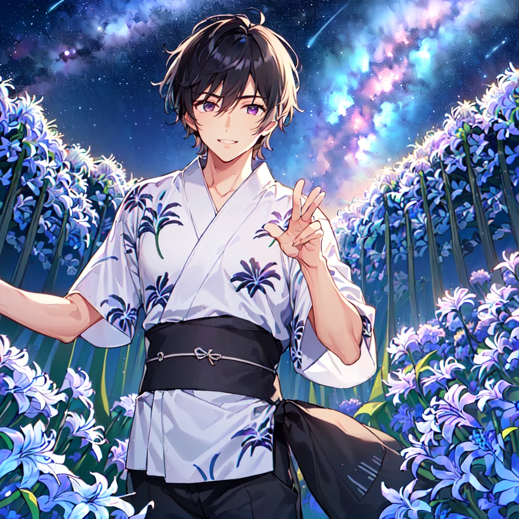 masterpiece,best quality,high quality,(1 male austere handsome solo adult age 30 years old:1.5), purple eyes, cool with suspended eyes, V-shaped eyebrows, body strong and fearless 8.5 head tall, height 185cm, (well-groomed black hair short to neck:1.4), (bangs 1.4), (short black hair parted into 7 thirds: 1.4), slender nose, facial muscles, throat, (summer yukata with short sleeves and pants with agapanthus flower print: 1.3), (stylish pose), (cool smile: 1.3), (background agapanthus flower field: 1.3), (Milky Way Night Sky: 1.3)