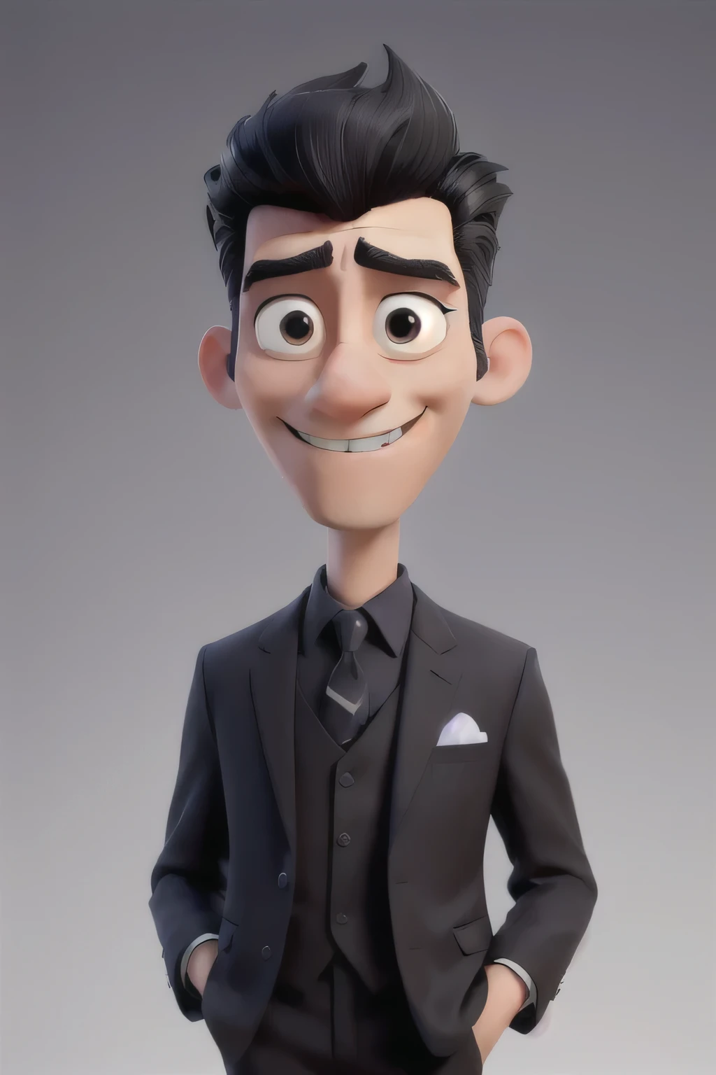 create a pre-candidate for councilman, dressed in a black and navy blue suit, tall, thin, white with black hair, styled with a bit of a pompadour, with very small black eyes, with a black mole near the mouth in the right corner, disney pixar cartoon type b