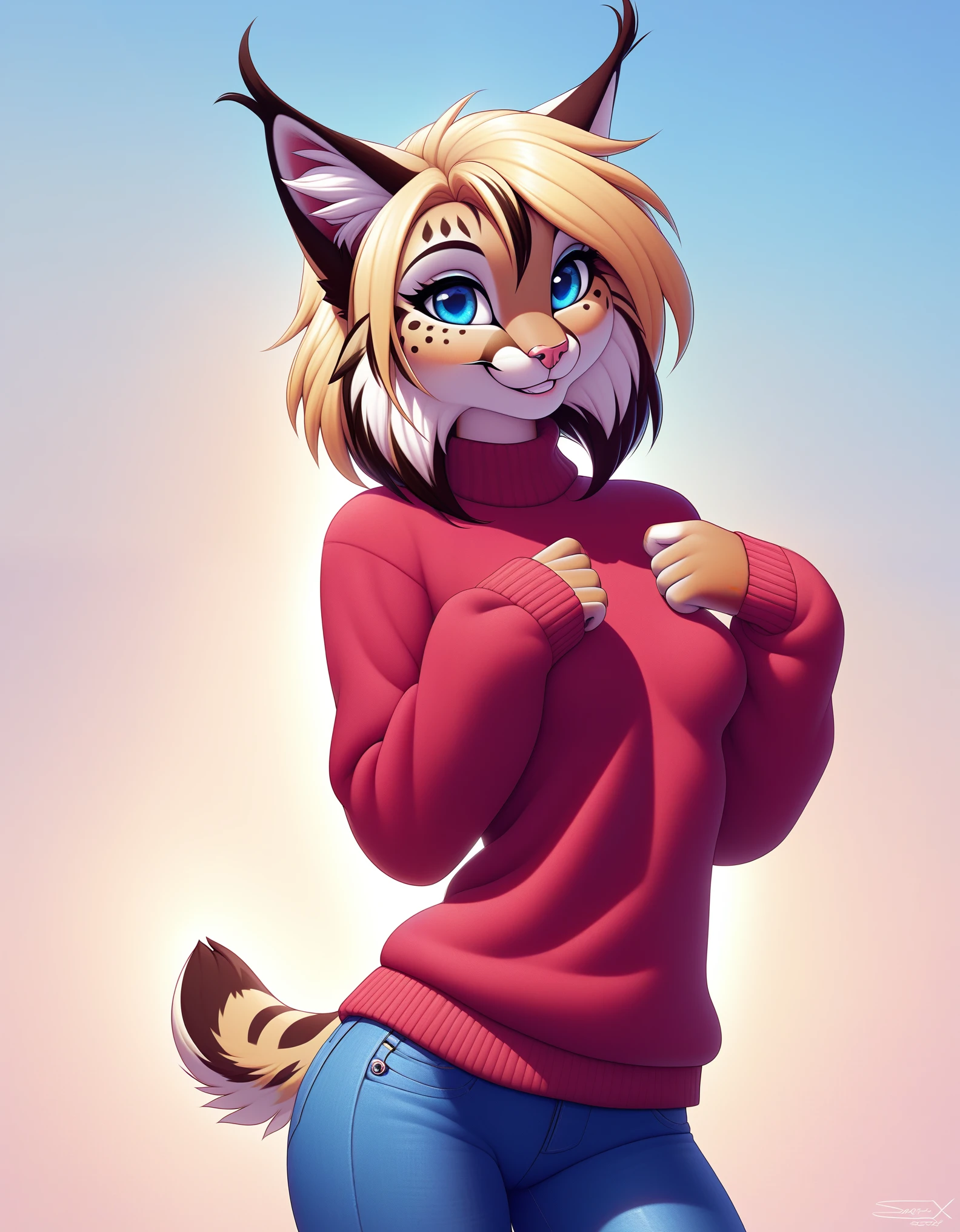 digital_media_(artwork) hi_res, score_9, score_8_up, score_7_up, rating_safe, by sigma_x, anthro, beautiful, furry, female, detailed textured fur, fur tufts, fluffy, slim, slender, small breasts, cute, sweater, denim jeans, long blonde hair, beautiful blue eyes, smile, solo, SFW, lynx, multicolored hair, streaked hair,