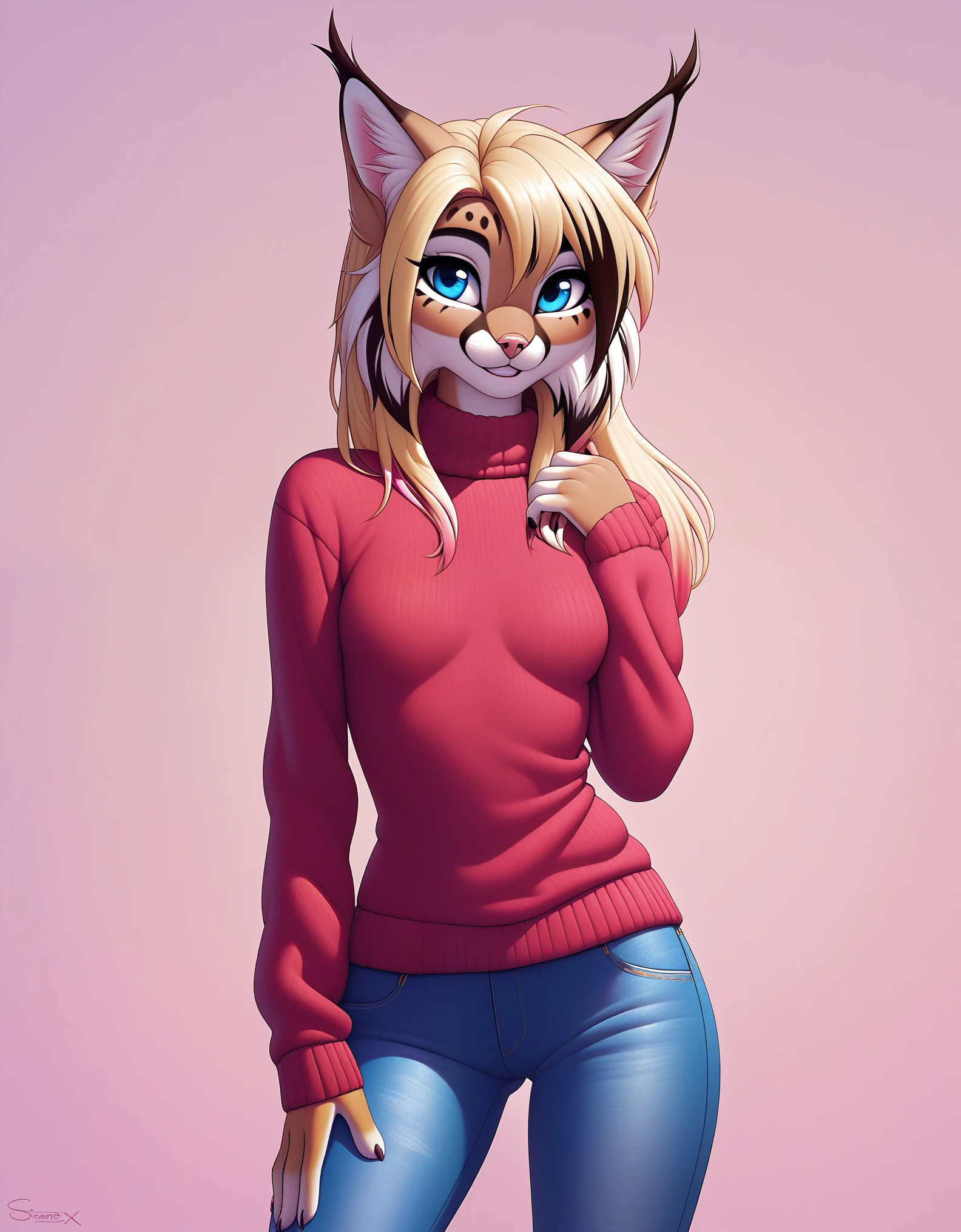 digital_media_(artwork) hi_res, score_9, score_8_up, score_7_up, rating_safe, by sigma_x, anthro, beautiful, furry, female, detailed textured fur, fur tufts, fluffy, slim, slender, small breasts, cute, sweater, denim jeans, long blonde hair, beautiful blue eyes, smile, solo, SFW, lynx, multicolored hair, streaked hair,