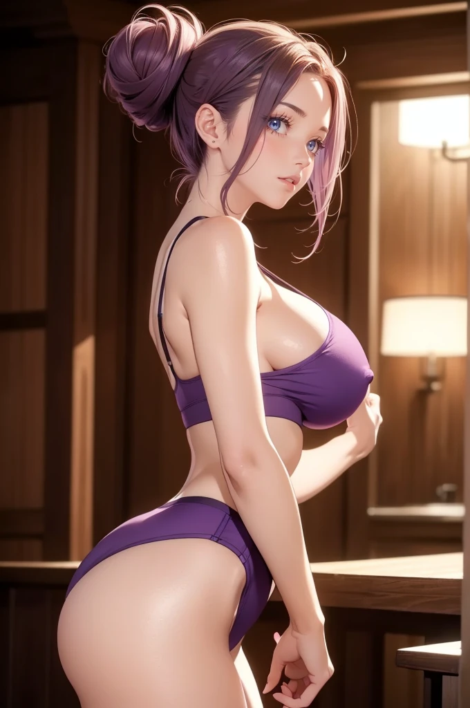 (masterpiece, best quality, cinematic, photorealistic, ultra-detailed), (1girl), perfect body, sexy body, tall and sexy, perfect hands, long round legs, (sexy body, wide hips), (wide shot, from the side:1.2), (wearing a dark purple sports bra, light purple high-waisted yoga shorts), (lavender hair, half-up, top knot hair), (light brown eyes, detailed pupils, defined eyelashes), (blushing, slightly parted lips, mauve lips, fluffy lips), (massive tits, natural soft tits), sensual pose, seductive pose, standing sensually