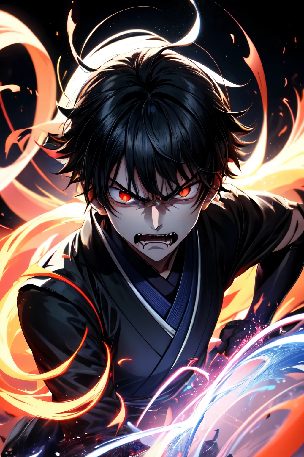 (all japanese anime version) angry boy giving off darkness making dark background with sinister look(that half is black, simulating that darkness is consuming it)