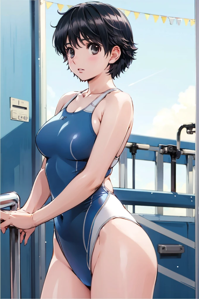 black hair, (short hair,very short hair),
competition swimsuit,, (best quality:1.3),1girl,