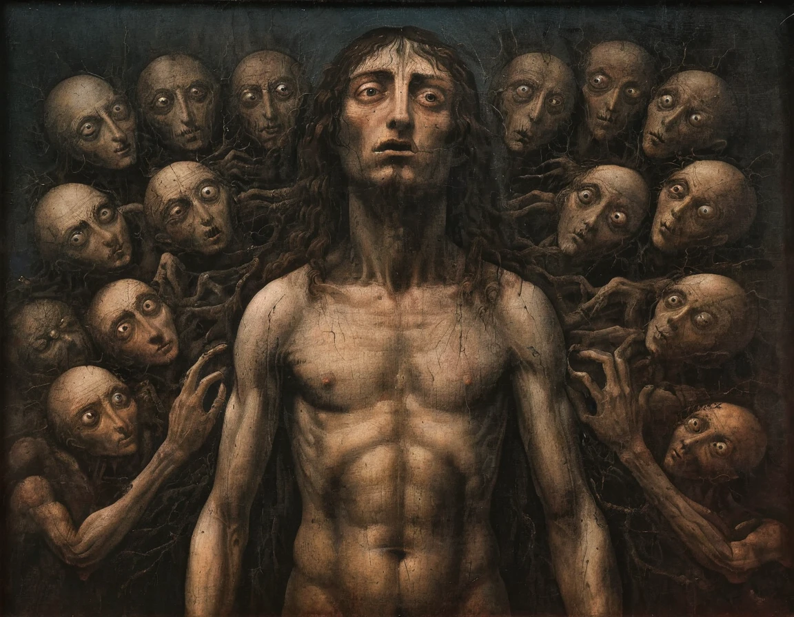 man with a humanoid face with many eyes and many arms, very tall , evening, Masterpiece, realism, zdzisław beksiński style and caravaggio style paint, Oil Painting, Dark, darkness, perfect composition