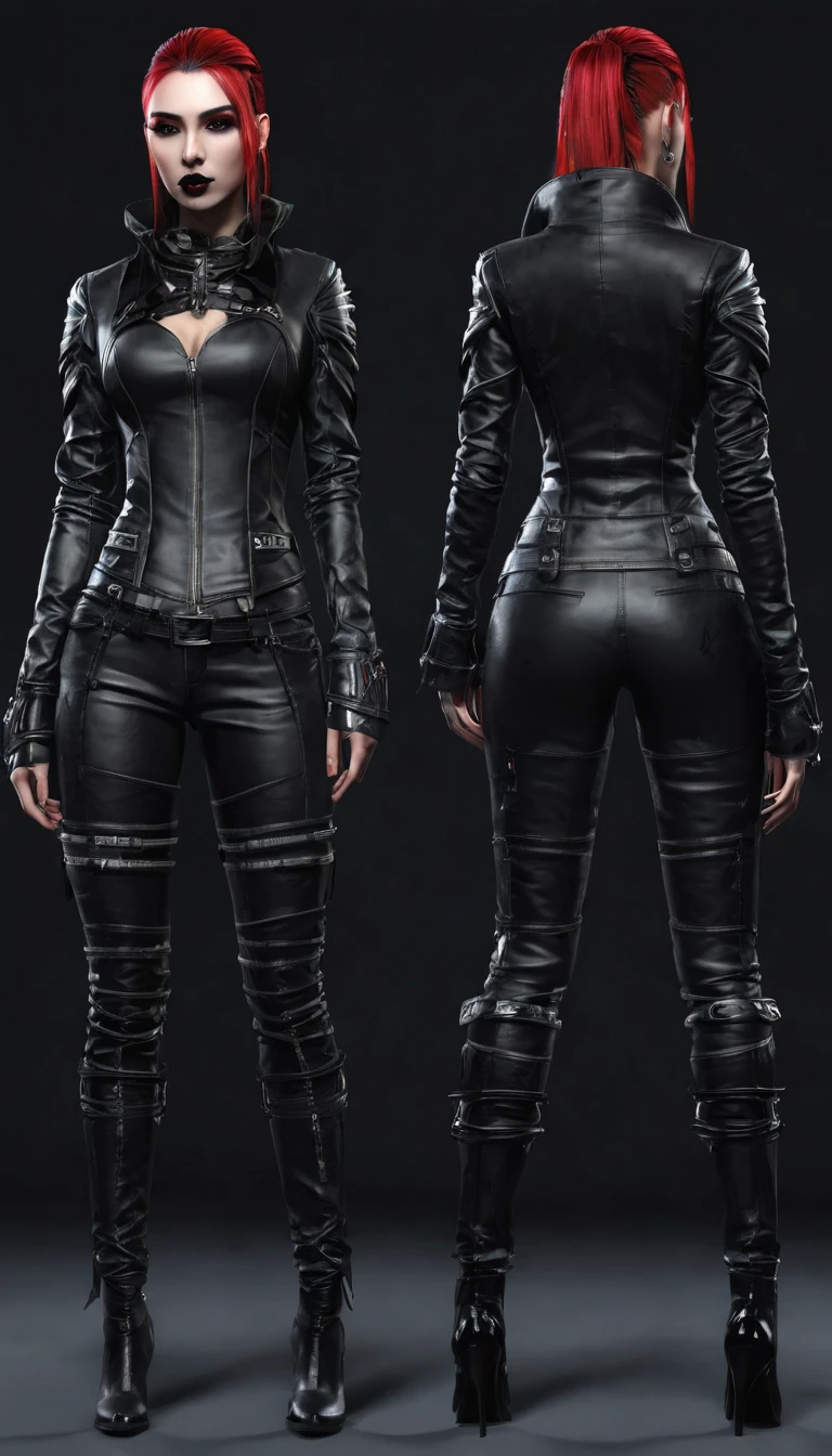 Create a full body mans character and clothing items from vampire clans in modern times and create modern and cyberpunk fashion. Front, side and backCreate a full body female character and clothing items from vampire clans in modern times and create modern and cyberpunk fashion. Front, side and back