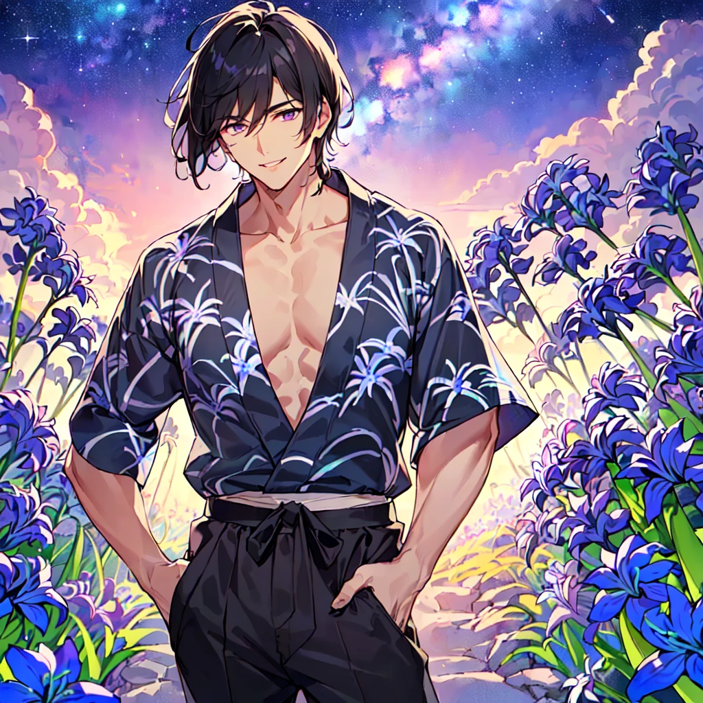 masterpiece,best quality,high quality,(1 male austere handsome solo adult age 30 years old:1.5), purple eyes, cool with suspended eyes, V-shaped eyebrows, body strong and fearless 8.5 head tall, height 185cm, (well-groomed black hair short to neck:1.4), (bangs 1.4), (short black hair parted into 7 thirds: 1.4), slender nose, facial muscles, throat, (summer yukata with short sleeves and pants with agapanthus flower print: 1.3), (stylish pose), (cool smile: 1.3), (background agapanthus flower field: 1.3), (Milky Way Night Sky: 1.3)