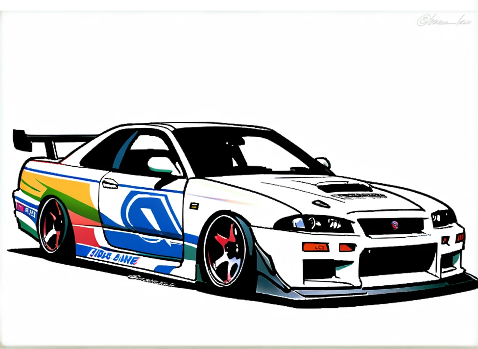 a close up of a Carro de corrida with a white background, nissan gtr r33, remendado nissan r33 gtr, carro de deriva japonês, jdm, em um Nissan Skyline R33 modificado, Carro de corrida, masami kurumada, grande obra-prima, Makoto Kobayashi, takumi fujiwara, Japão dos anos 90, obra-prima maravilhosa