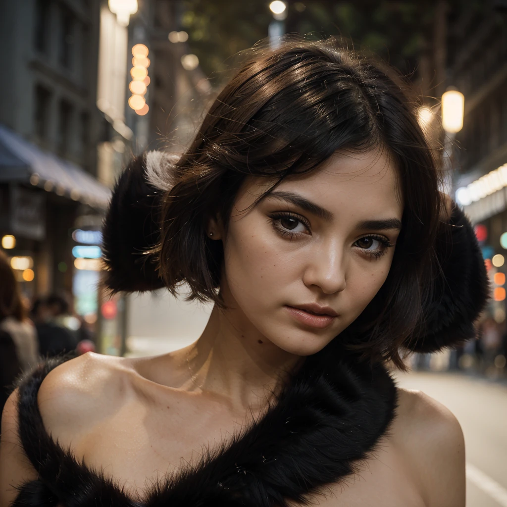 (half body shot,street lamps,officer),Masterpiece, 1 girl, solo exhibition, beautiful woman on the bustling street, surrounded by street vendors, beautiful portrait of goddess girl, beautiful and detailed face, Porcelain skin, (((bust shot, center, evening, black fur, short hair)), super soft lighting, symmetry, complexity, Elegance, high detail, realism, until, until conceptuale,