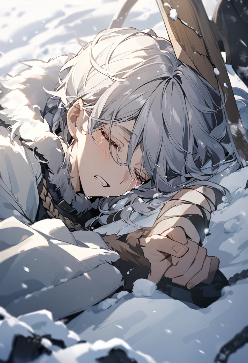 viking boy lying in the snow crying with his hand raised