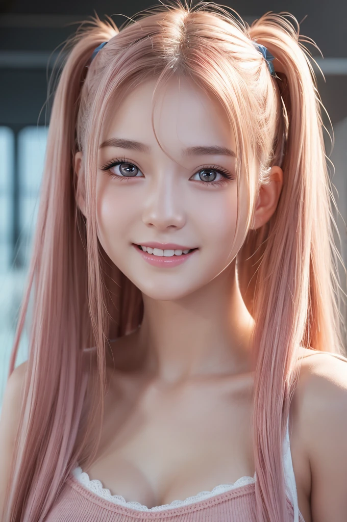 photo realistic, best quality, ultra detailed, masterpiece, Ultra-realistic 8K CG, Perfect Artwork, Realistic, 3D body, cute face, well-featured face, completely nude, 1 girl, 15 years old, small breasts, beautiful girl, cute girl and idol face, young face, smile, Beautiful long pink hair, twintails, Beautiful red eyes, white skin, Short body, Upper body