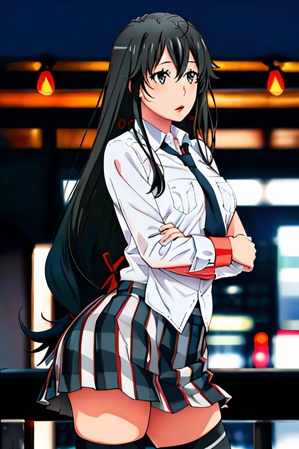 long hair, black hair, yukinoshita yukino, grey eyes, lipstick, miniskirt, pleated skirt, skin tight, zettai ryouiki, classroom, spotlight, bokeh, hands on pocket, necktie, mature female, tall girl, Thick thighs