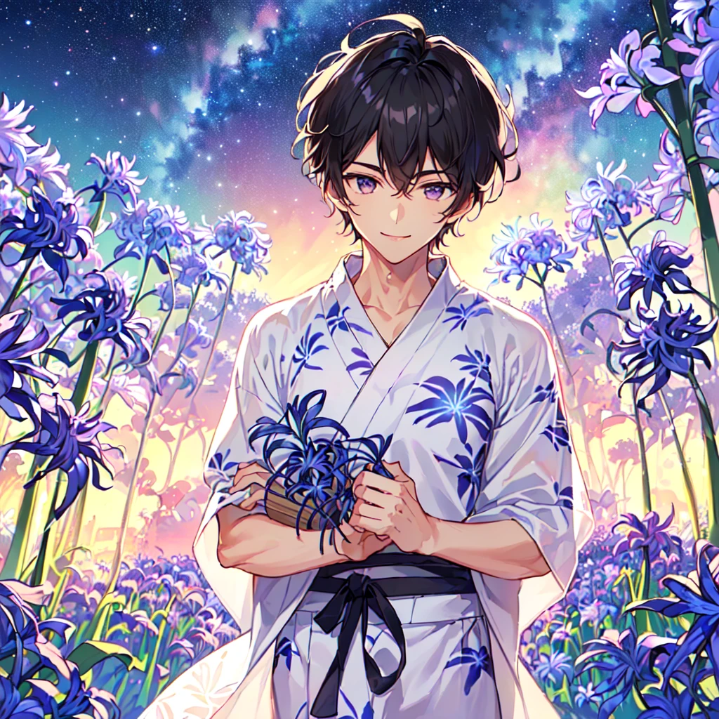 masterpiece,best quality,high quality,(1 male austere handsome solo adult age 30 years old:1.5), purple eyes, cool with suspended eyes, V-shaped eyebrows, body strong and fearless 8.5 head tall, height 185cm, (well-groomed black hair short to neck:1.4), (bangs 1.4), (short black hair parted into 7 thirds: 1.4), slender nose, facial muscles, throat, (summer yukata with short sleeves and pants with agapanthus flower print: 1.3), (stylish pose), (cool smile: 1.3), (background agapanthus flower field: 1.3), (Milky Way Night Sky: 1.3), (upper body:1.3)