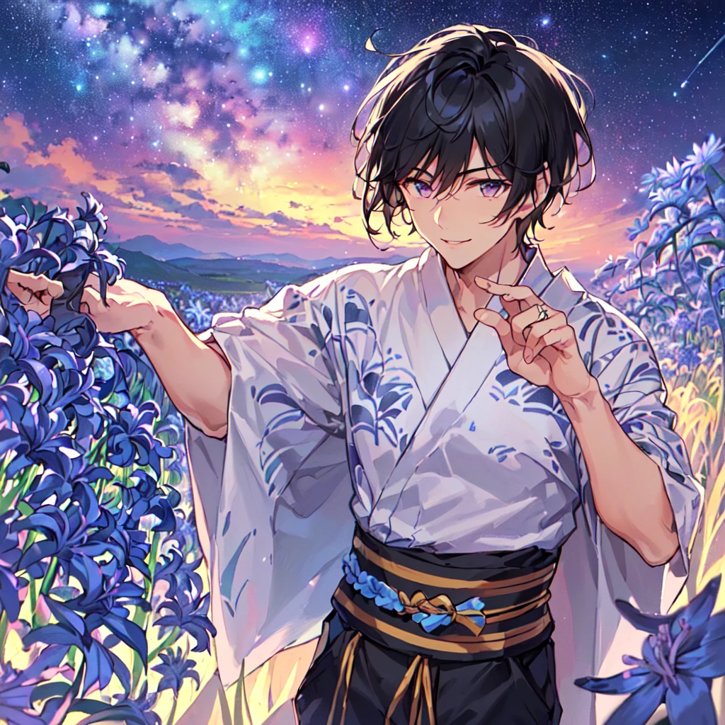 masterpiece,best quality,high quality,(1 male austere handsome solo adult age 30 years old:1.5), purple eyes, cool with suspended eyes, V-shaped eyebrows, body strong and fearless 8.5 head tall, height 185cm, (well-groomed black hair short to neck:1.4), (bangs 1.4), (short black hair parted into 7 thirds: 1.4), slender nose, facial muscles, throat, (summer yukata with short sleeves and pants with agapanthus flower print: 1.3), (stylish pose), (cool smile: 1.3), (background agapanthus flower field: 1.3), (Milky Way Night Sky: 1.3), (upper body:1.3)