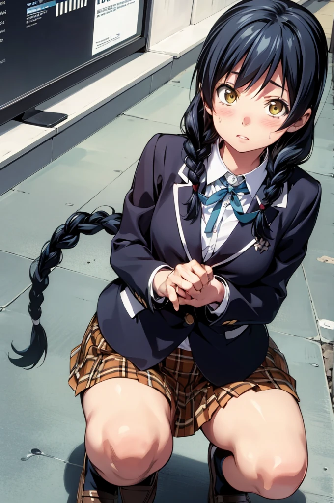 looking at viewer, 
blazer, , pleated skirt, plaid skirt, neck ribbon,
long hair, black hair, braid, hairclip, twin braids, yellow eyes,
blush, embarrassed, squatting,, (best quality:1.3),1girl,