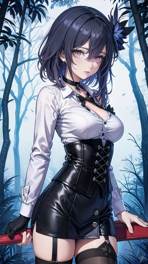 Masterpiece, Beautiful art, professional artist, 8k, Very detailed face, Detailed clothing, detailed fabric, 1 girl, Soul Fullness \(Honkai Impact 3rd\), front view, standing, BIG BREASTS, perfectly drawn body, shy expression, pale skin, beautiful face, short dark blue hair, 4k eyes, very detailed eyes, pink cheeks, choker:1.6, (white long sleeve button down shirt with white collar), black gloves, gloves that cover hands, (holds an ax with his right hand), (black leather corset), (shiny black tight mini skirt), Sensual Lips , winter night, show details in the eyes, looking at the viewer, dark forest, Atmosphere, fog, At night