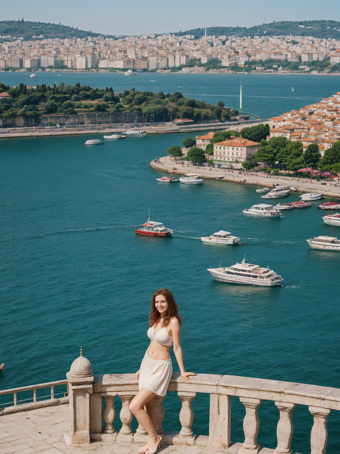 her name is Annie, high quality, 1girl, ((20-year-old fit Caucasian woman)), ((20 years old)), ((fit)) ((thin belly, medium breasts)) auburn long hair, pose: standing, wearing pastel purple colored unique g gen Z modern wear, BACKGROUND: Lived between Europe and Asia in Istanbul, with its ancient mosques, bustling bazaars, and breathtaking views of the Bosphorus.