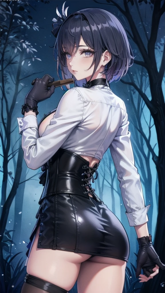 Masterpiece, Beautiful art, professional artist, 8k, Very detailed face, Detailed clothing, detailed fabric, 1 girl, Soul Fullness \(Honkai Impact 3rd\), view from behind, perfect ass, standing, BIG BREASTS, perfectly drawn body, shy expression, pale skin, beautiful face, short dark blue hair, 4k eyes, very detailed eyes, pink cheeks, choker:1.6, (white long sleeve button down shirt with white collar), black gloves, gloves that cover hands, (holds an ax with his right hand), (black leather corset), (shiny black tight mini skirt), Sensual Lips , winter night, show details in the eyes, looking at the viewer, dark forest, Atmosphere, fog, At night